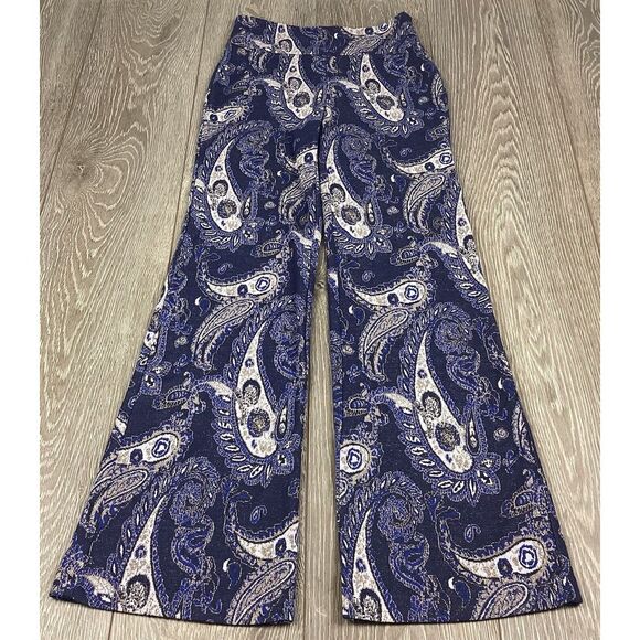 Anthropologie Maeve Maria Blue Paisley Boho Metallic Bootcut Flare Pants 2 - Picture 2 of 5